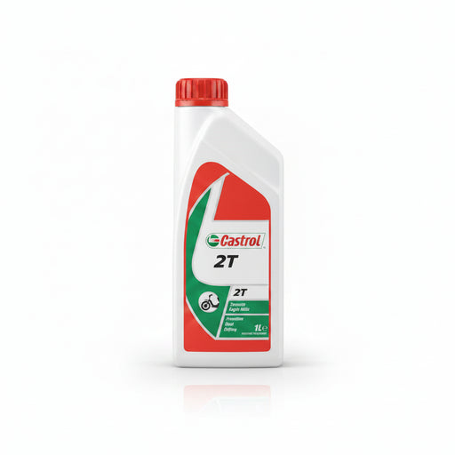 Castrol 2T engine oil bottle with red cap on a white background