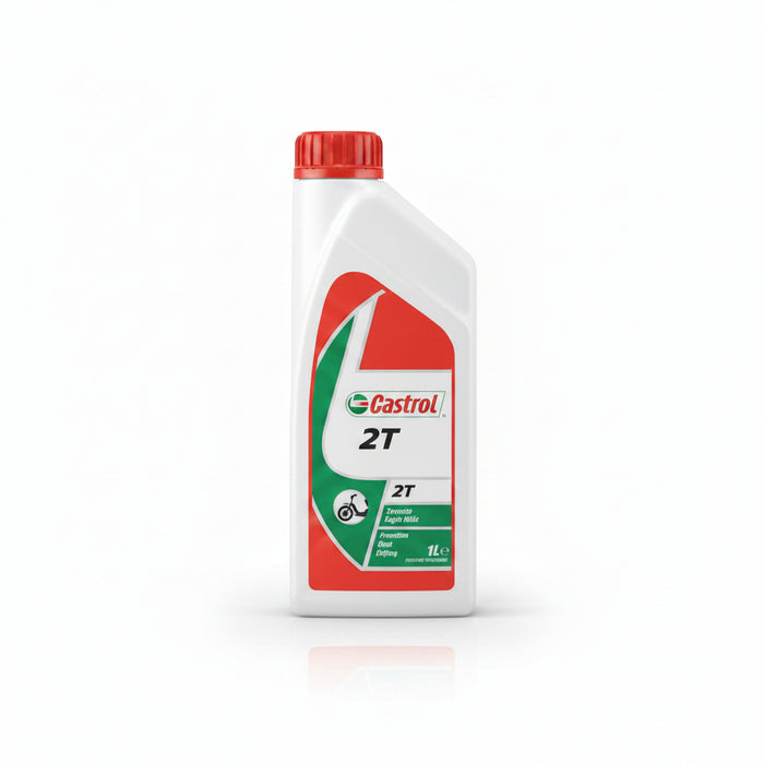 Castrol 2T engine oil bottle with red cap on a white background