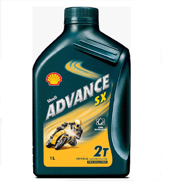 Shell Advance SX motor oil bottle on a white background